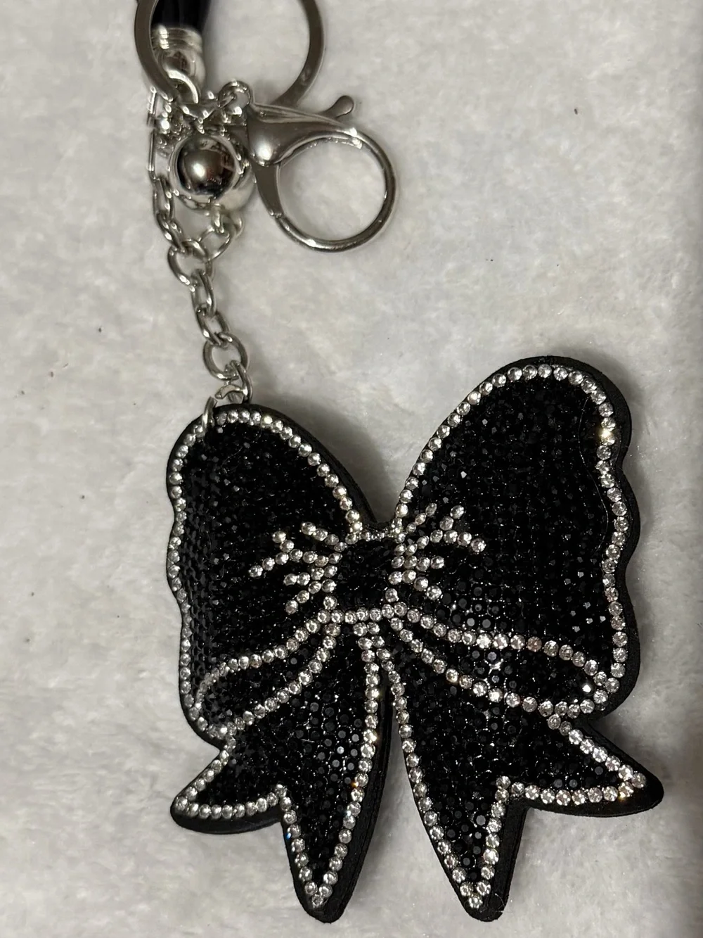 Black Bow w/ White Rhinestones Trim Tassel Keychain Charm